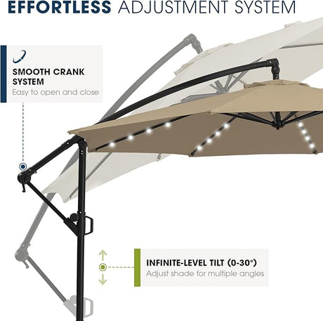 Patioslife 3m Diameter Solar LED Offset Hanging Market Cantilever Patio Umbrella, 2-Tier Canopy, for Backyard, Poolside, Lawn and Garden, UPF50+ UV Protection, Easy Tilt Crank, with Umbrella Cover and Base