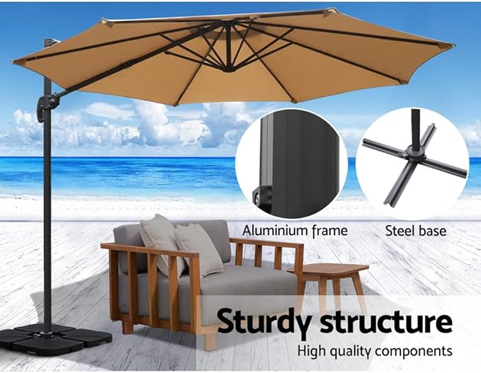 Patioslife 3m Cantilever Outdoor Umbrella with Heavy-Duty Base Pod – 360° Rotatable Shade, UV-Resistant & Waterproof Canopy for Patio, Garden & Poolside
