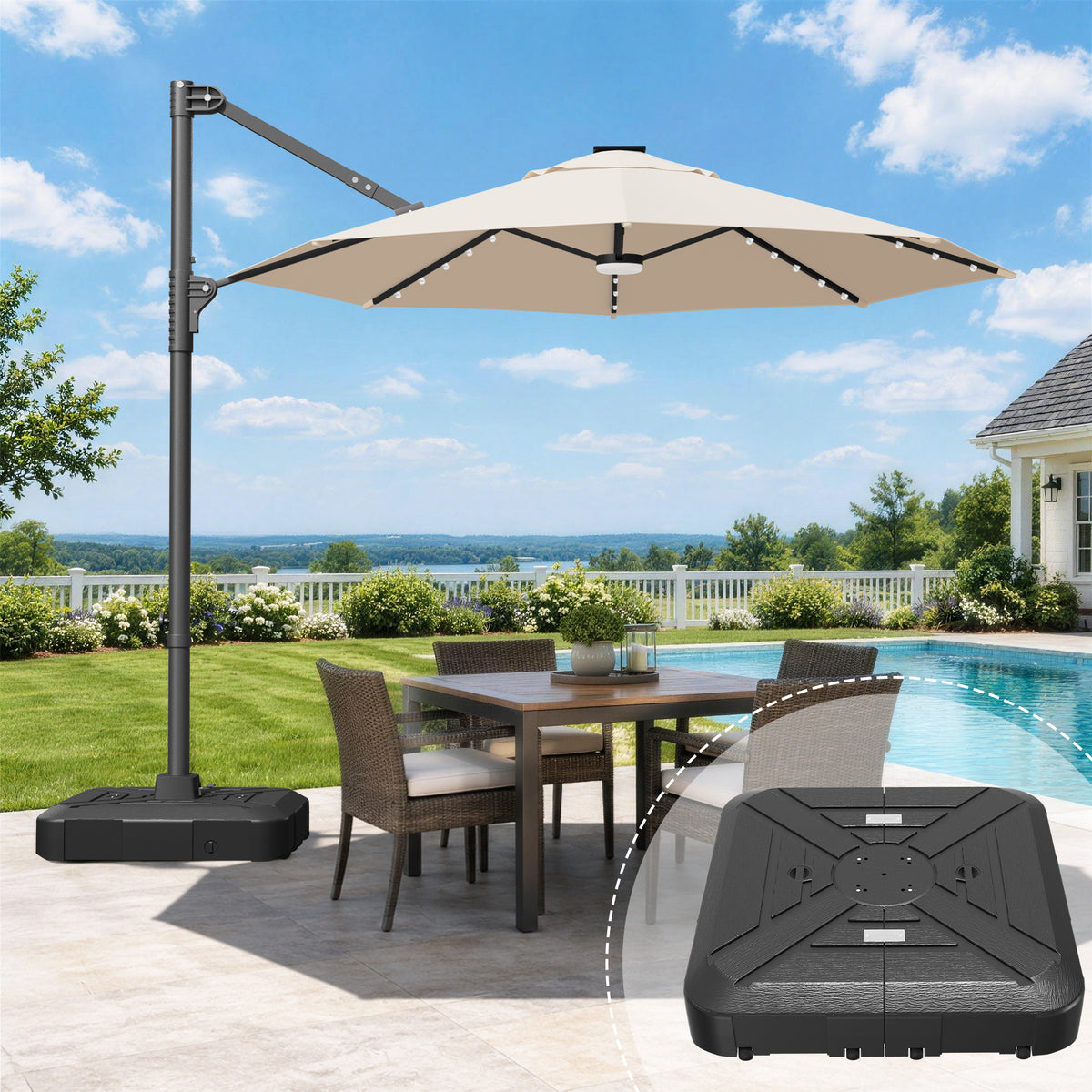 Patioslife Aegis Pro All-in-One Shade Round Cantilever Patio Umbrella with solar LED lights | Premium Cover | Large Base