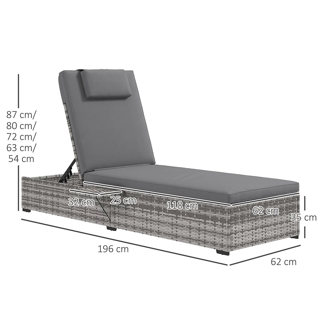Patioslife Rattan Sun Lounger with 5-Level Adjustable Backrest & Side Tray