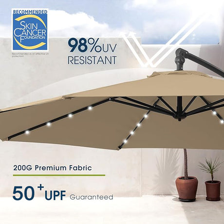 Patioslife 3m Diameter Solar LED Offset Hanging Market Cantilever Patio Umbrella, 2-Tier Canopy, for Backyard, Poolside, Lawn and Garden, UPF50+ UV Protection, Easy Tilt Crank, with Umbrella Cover and Base