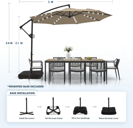 Patioslife 3m Diameter Solar LED Offset Hanging Market Cantilever Patio Umbrella, 2-Tier Canopy, for Backyard, Poolside, Lawn and Garden, UPF50+ UV Protection, Easy Tilt Crank, with Umbrella Cover and Base