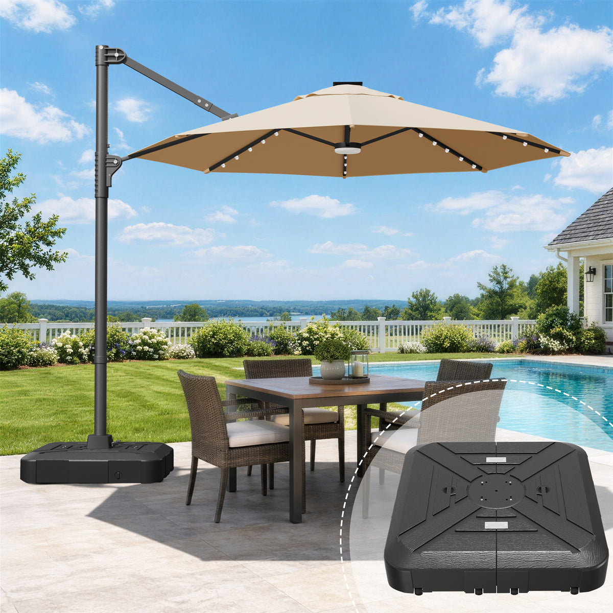 Patioslife Aegis Pro All-in-One Shade Round Cantilever Patio Umbrella with solar LED lights | Premium Cover | Large Base