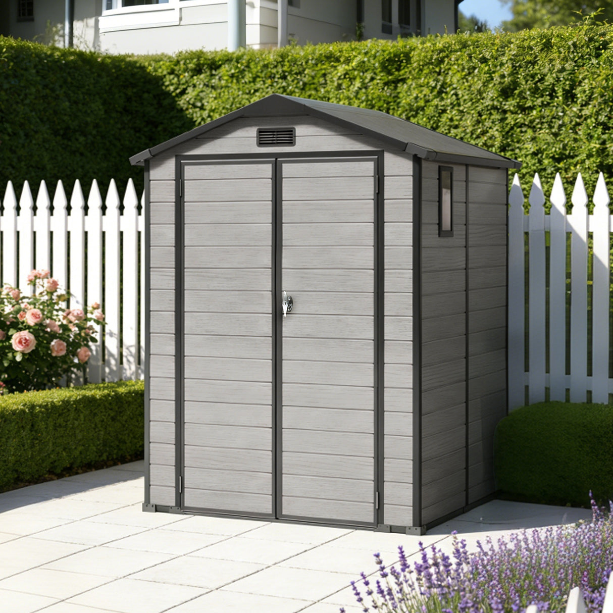 Outdoor Storage Shed with Floor Patioslife YardVault , All-Weather Waterproof Plastic Garden Shed in Resin with Lock and Window for Backyard, Heavy-Duty Storage Shed for Tools, Bikes & Lawn Equipment