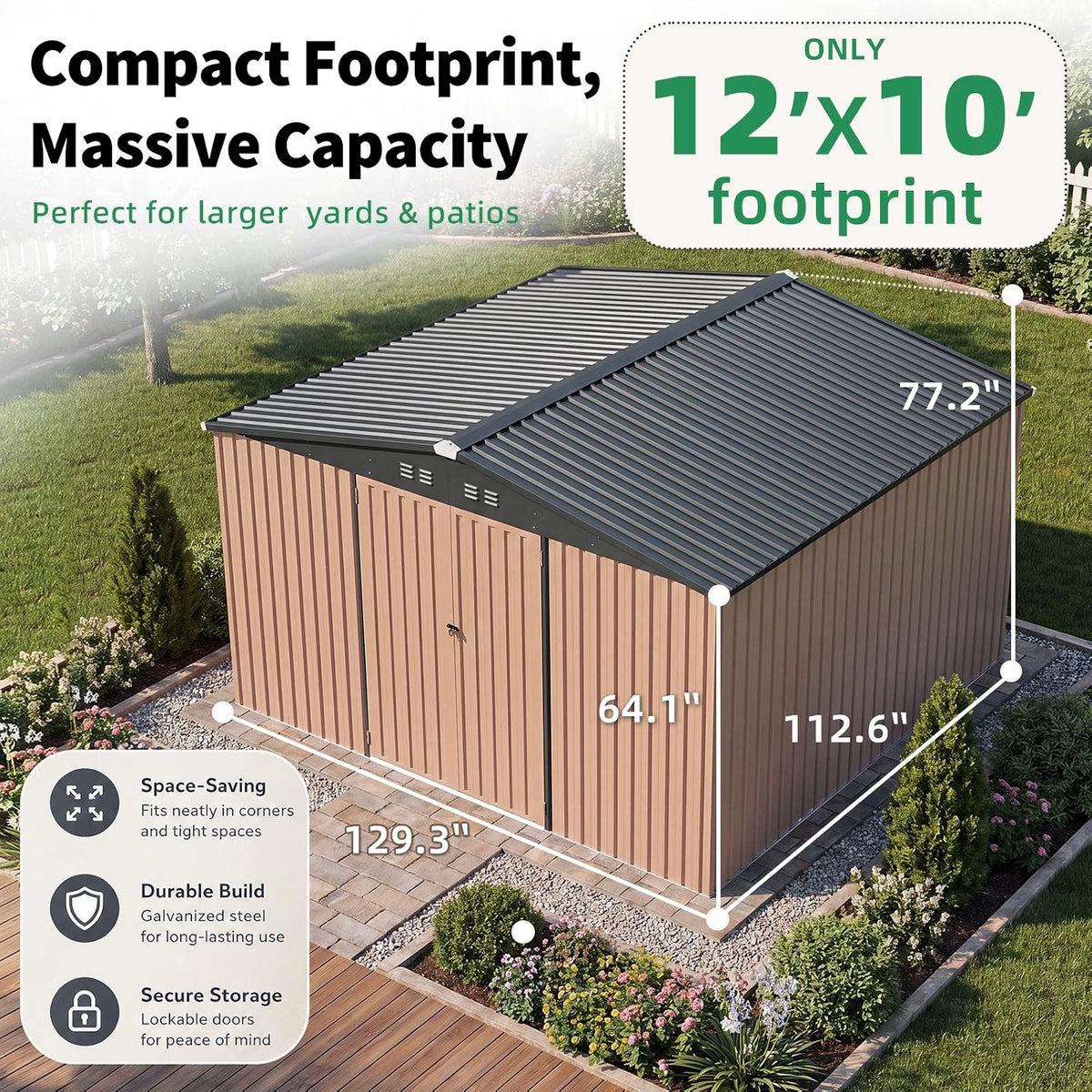 Patioslife Metal Garden Shed – Galvanised Steel Outdoor Storage Shed, All-Weather Backyard Storage Unit