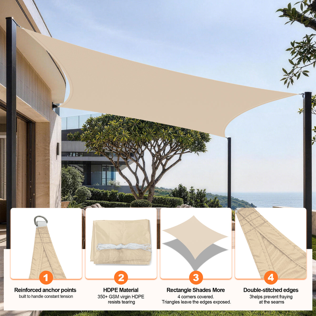 Patioslife Shade Sail – UV Protection, Reinforced Edges & Durable D-Rings for Patio, Garden, Deck & Pool