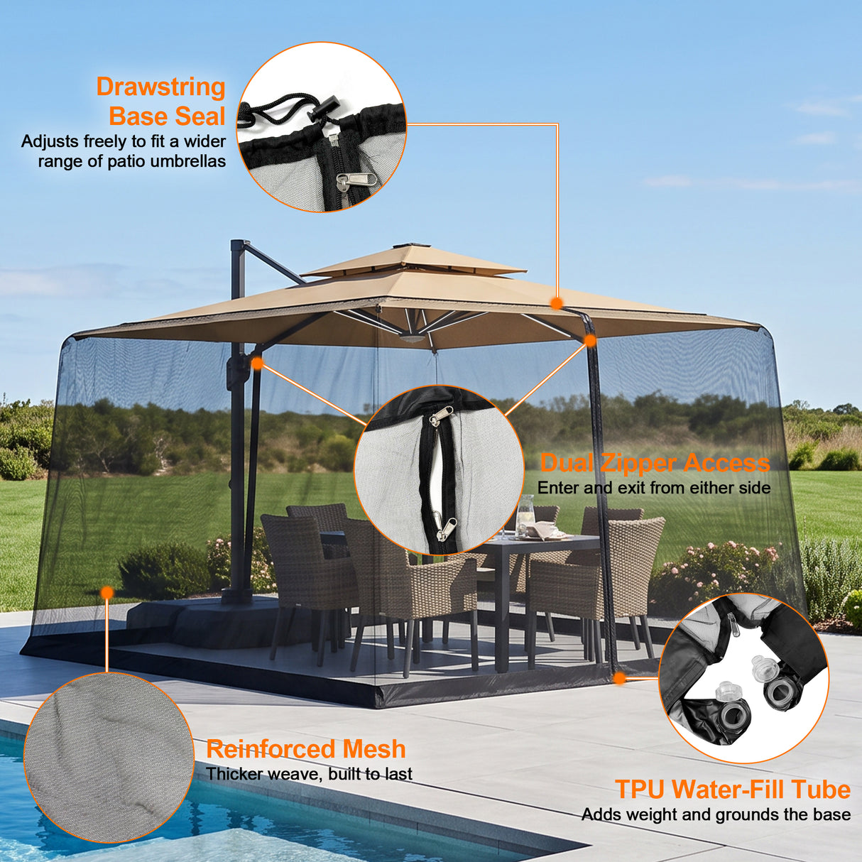 Patioslife Cantilever Umbrella Mosquito Net – Zip-Entry Mesh Screen with Weighted Base, Fits 2.5–4m Umbrellas