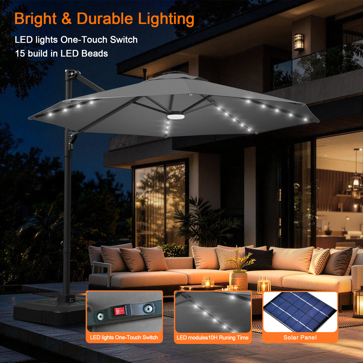 Patioslife Aegis Pro All-in-One Shade Round Cantilever Patio Umbrella with solar LED lights | Premium Cover | Large Base