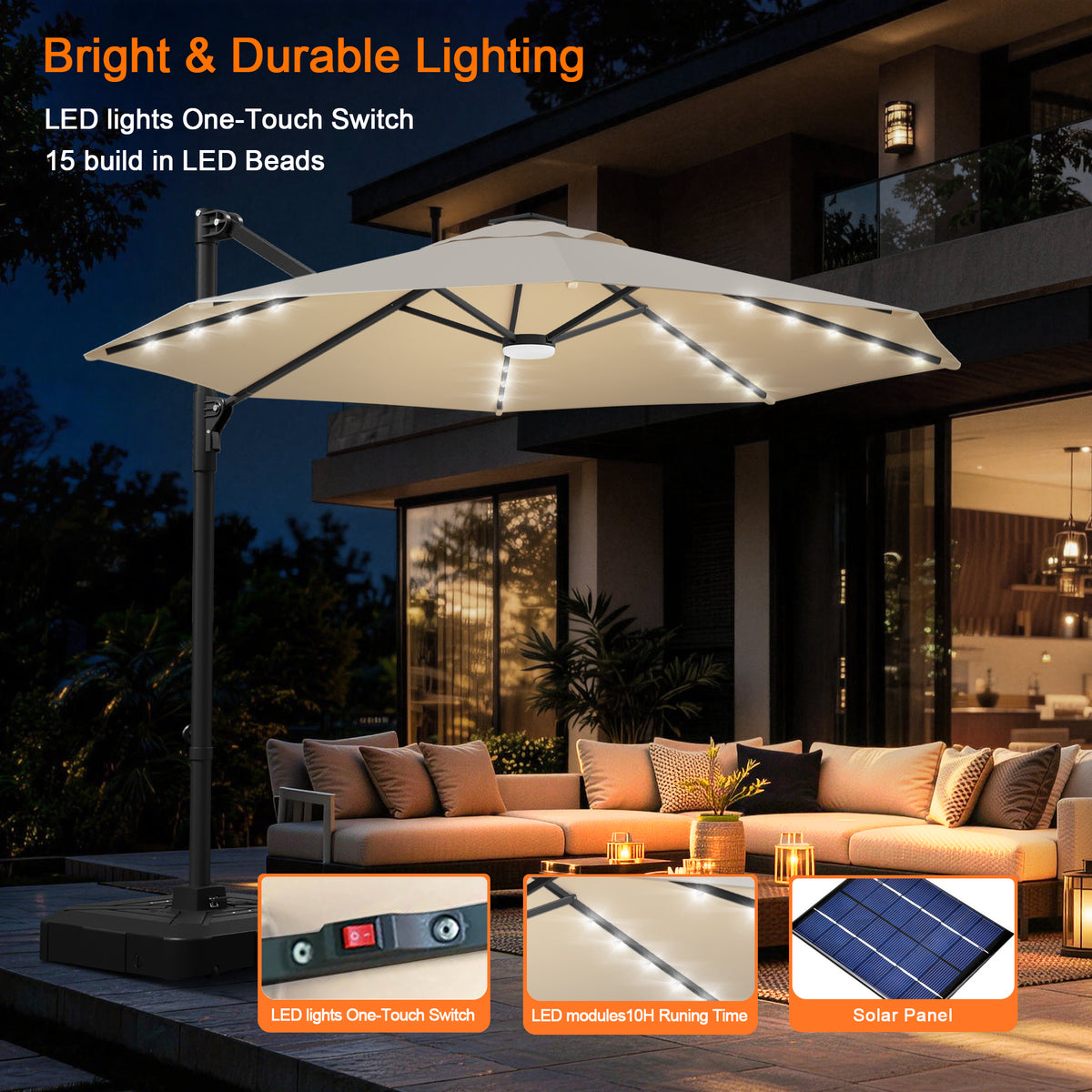 Patioslife Aegis Pro All-in-One Shade Round Cantilever Patio Umbrella with solar LED lights | Premium Cover | Large Base