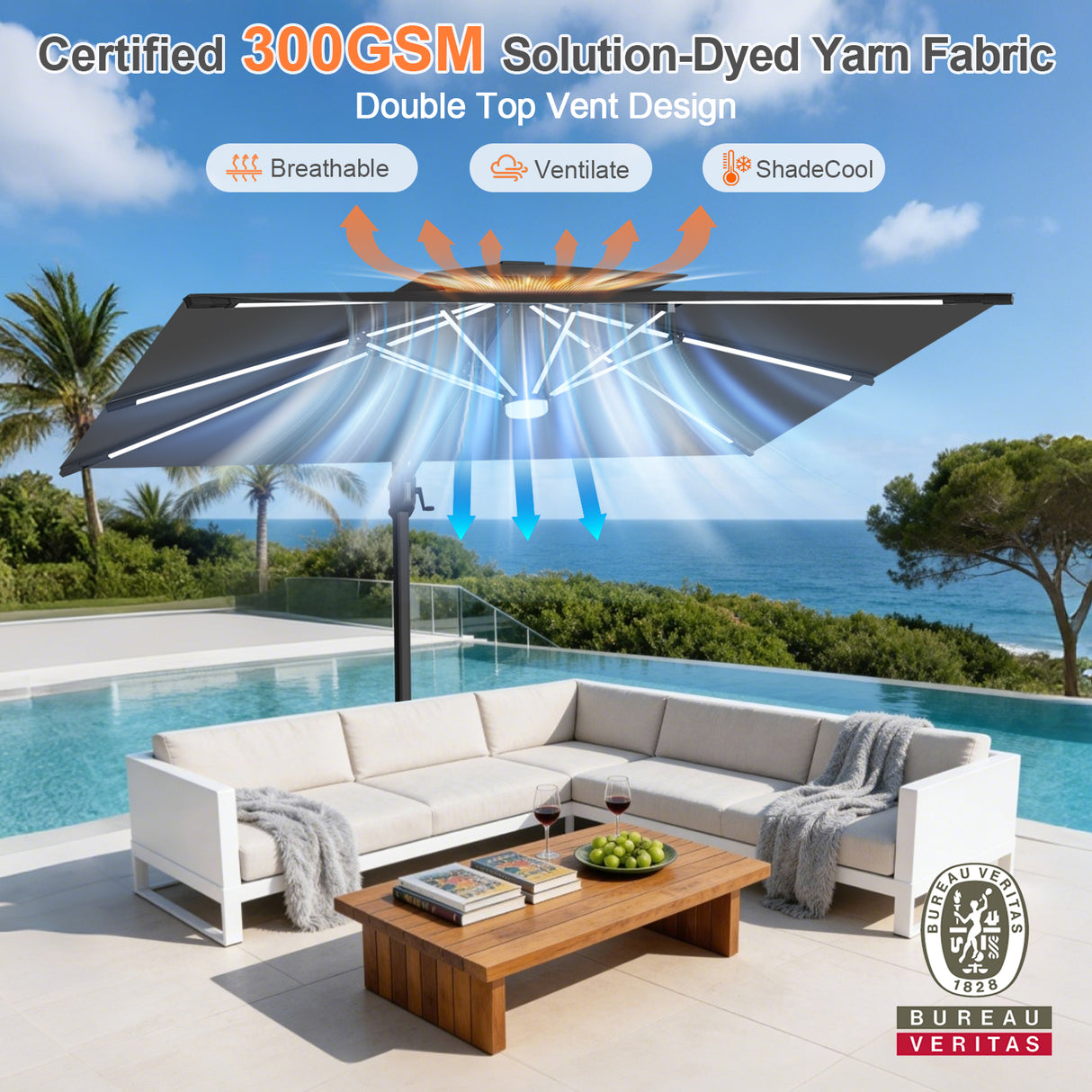 Patioslife Aegis Premium Cantilever Umbrella with Full-Rib LED Strip Lighting, Fibreglass Ribs, Powder-Coated Aluminium Pole— Luxury Garden & Patio Shade