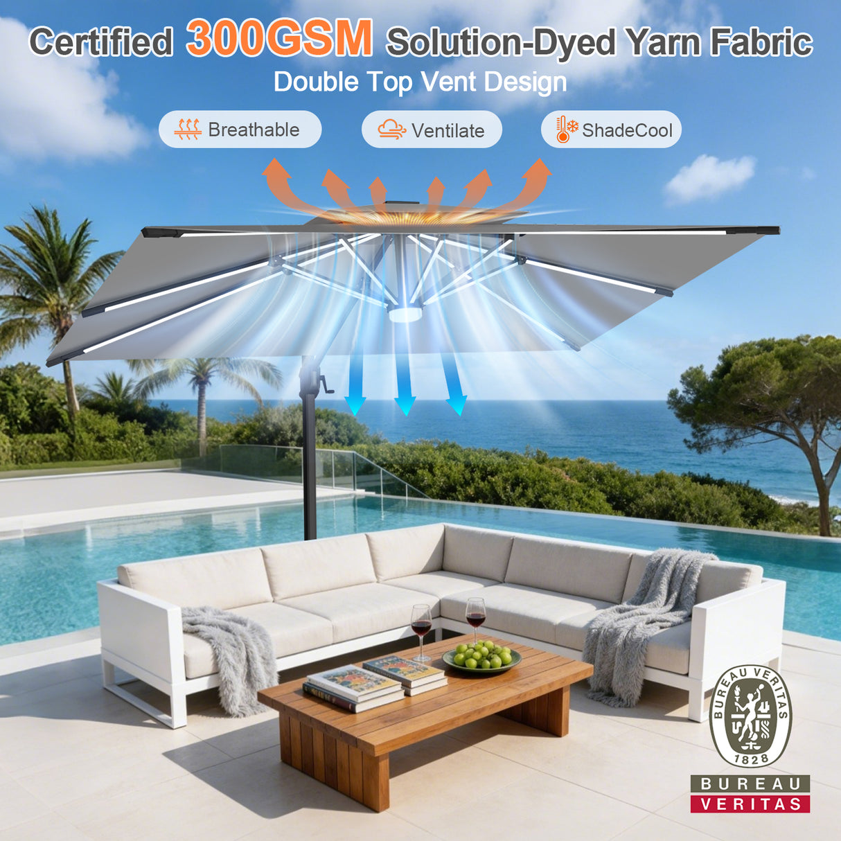 Patioslife Aegis Premium Cantilever Umbrella with Full-Rib LED Strip Lighting, Fibreglass Ribs, Powder-Coated Aluminium Pole— Luxury Garden & Patio Shade