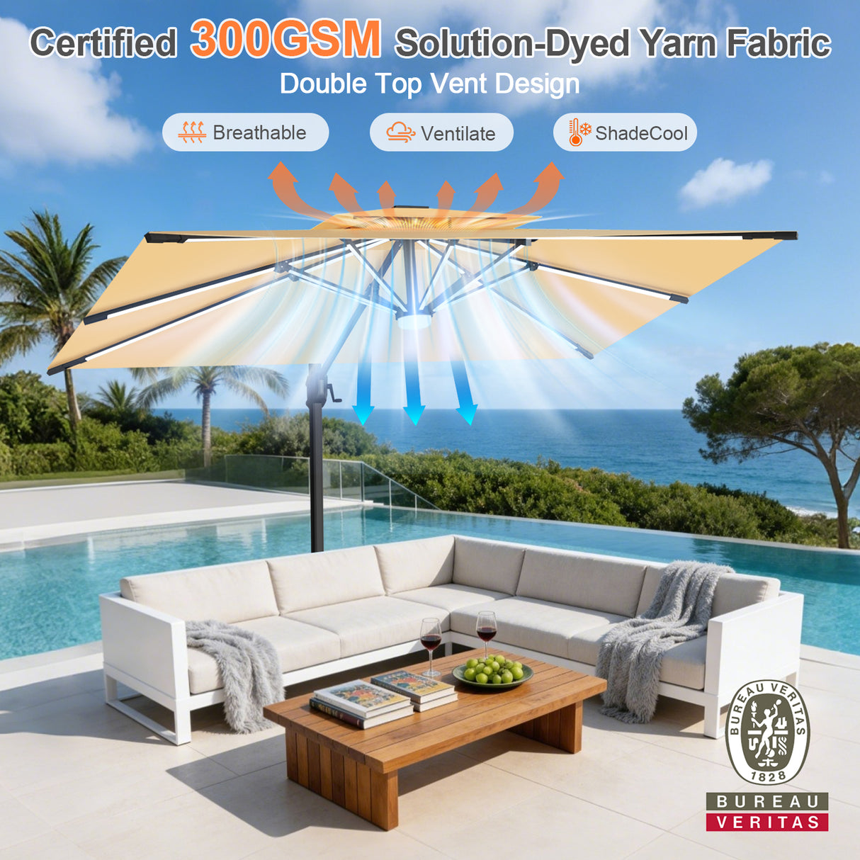 Patioslife Aegis Premium Cantilever Umbrella with Full-Rib LED Strip Lighting, Fibreglass Ribs, Powder-Coated Aluminium Pole— Luxury Garden & Patio Shade