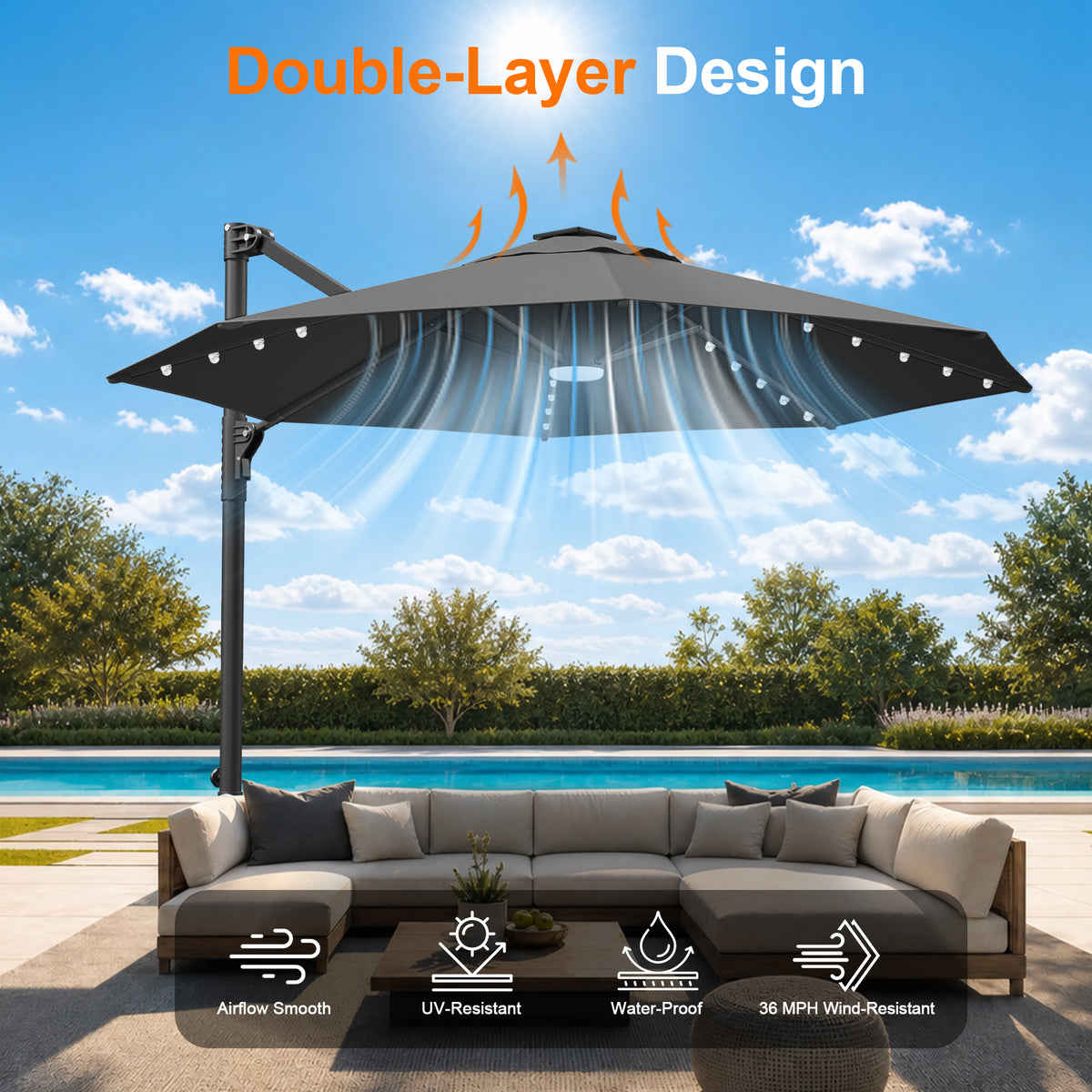 Patioslife Aegis Pro All-in-One Shade Round Cantilever Patio Umbrella with solar LED lights | Premium Cover | Large Base
