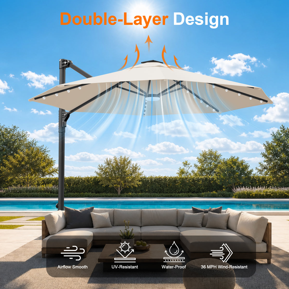 Patioslife Aegis Pro All-in-One Shade Round Cantilever Patio Umbrella with solar LED lights | Premium Cover | Large Base