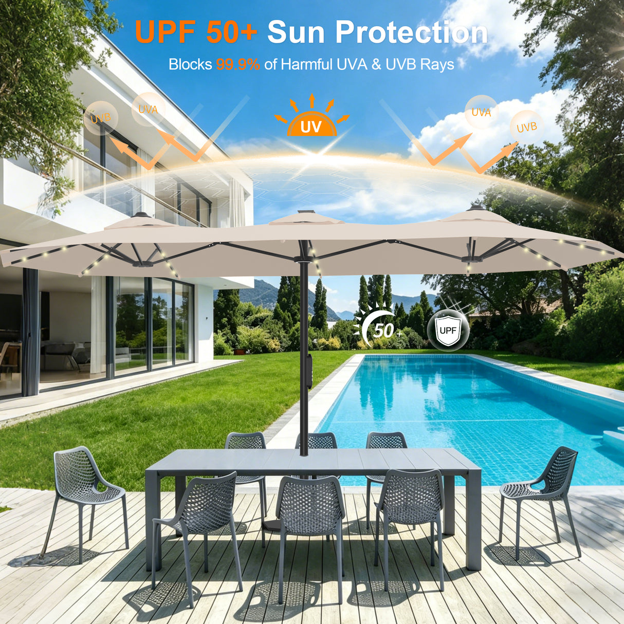 Patioslife Aegis Premium 4.6m Motorized Cantilever Patio Umbrella — Double-Sided, Remote Control, UPF 50+, Solar LED Lights & Windproof Frame