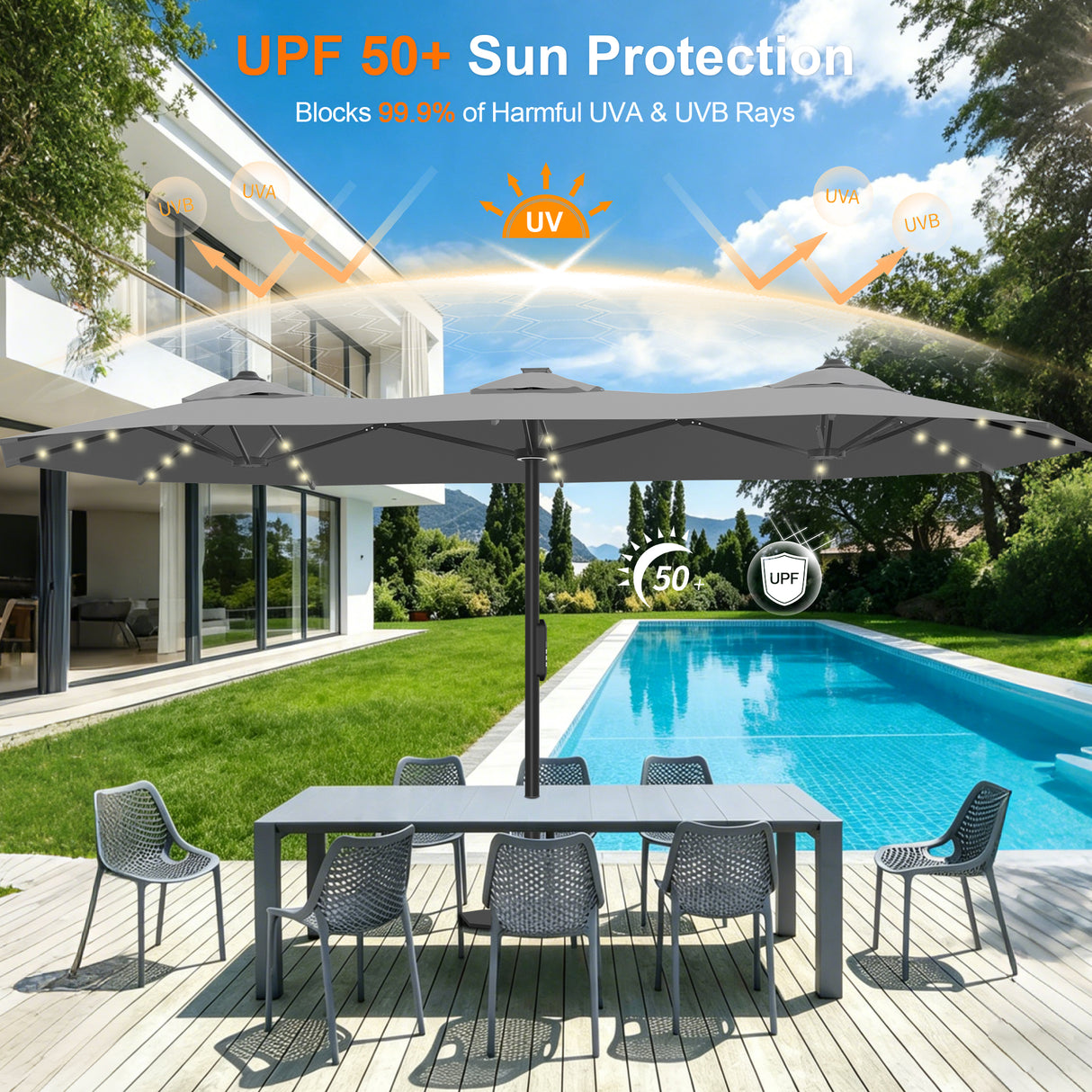 Patioslife Aegis Premium 4.6m Motorized Cantilever Patio Umbrella — Double-Sided, Remote Control, UPF 50+, Solar LED Lights & Windproof Frame