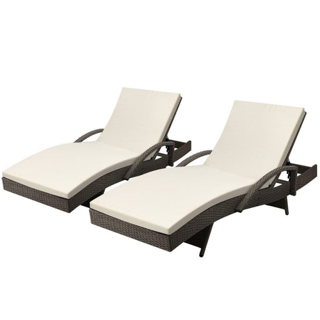 Set of 2 Cushioned Wicker Sun Lounges with Armrests - Brown/Beige