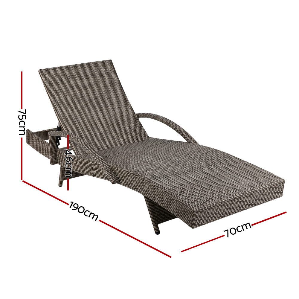 Set of 2 Cushioned Wicker Sun Lounges with Armrests - Brown/Beige