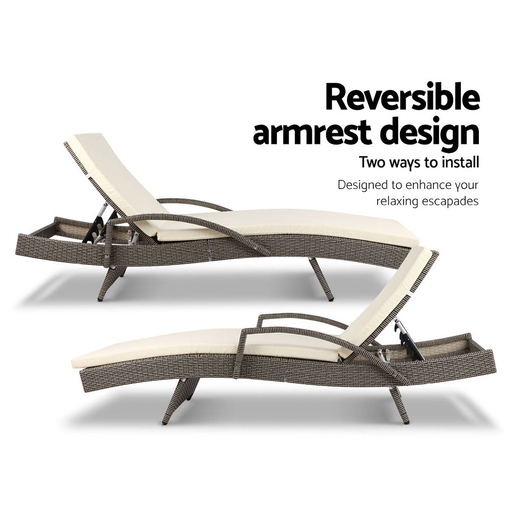 Set of 2 Cushioned Wicker Sun Lounges with Armrests - Brown/Beige