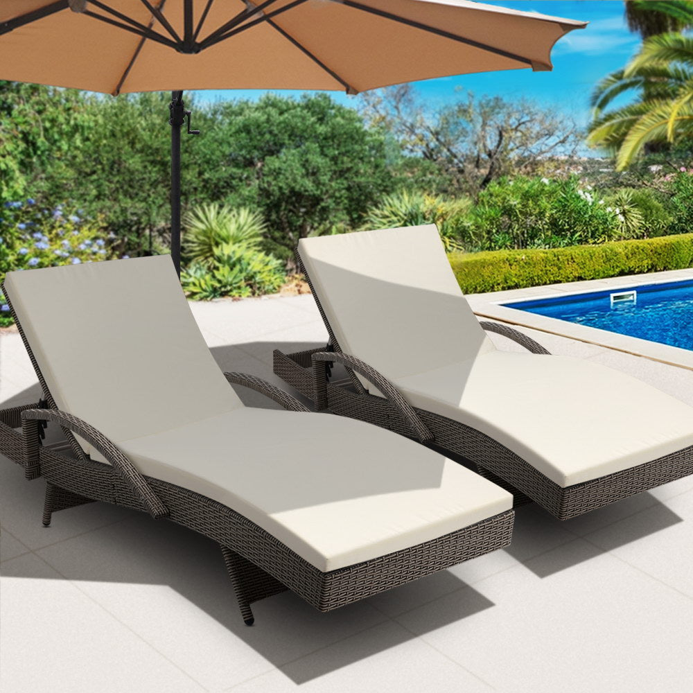 Set of 2 Cushioned Wicker Sun Lounges with Armrests - Brown/Beige
