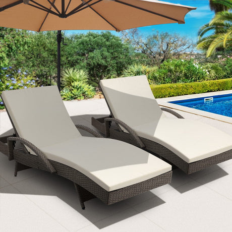 Set of 2 Cushioned Wicker Sun Lounges with Armrests - Brown/Beige