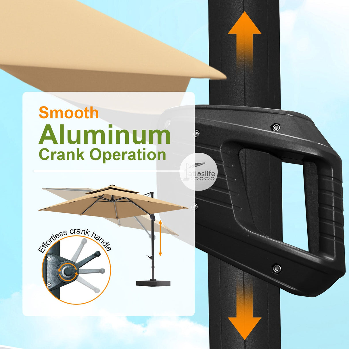 PatiosLife Aegis Pro Cantilever Umbrella smooth hand crank lifting system, easy open-close design for 3×3m no-light outdoor garden parasol