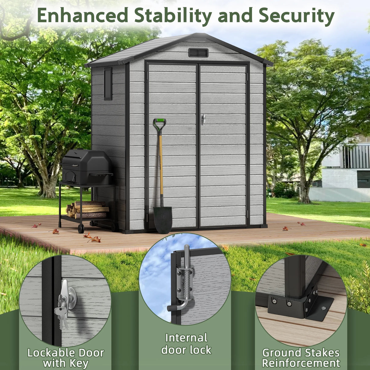 Patioslife 1.3×1.9m Resin Lockable Garden Storage Shed Grey Wood Grain Backyard Patio Secure Outdoor Storage
