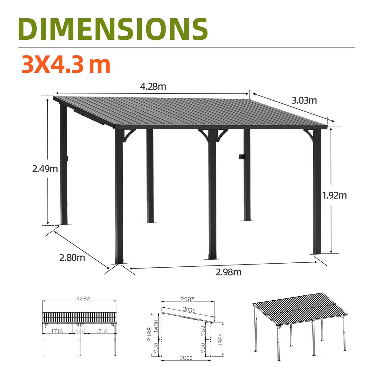 Patioslife 3×4.3m Black All Iron Hardtop Gazebo Large Backyard Deck Outdoor Canopy