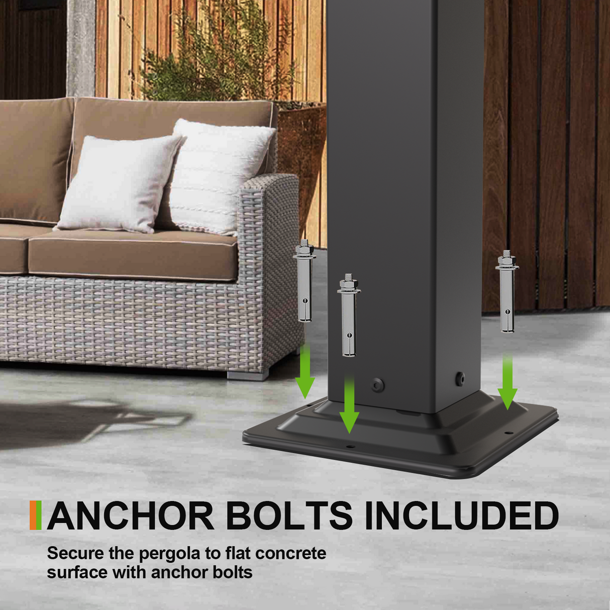 Patioslife Black Pergola Pre-drilled Base with Anchor Bolts Installation Detail