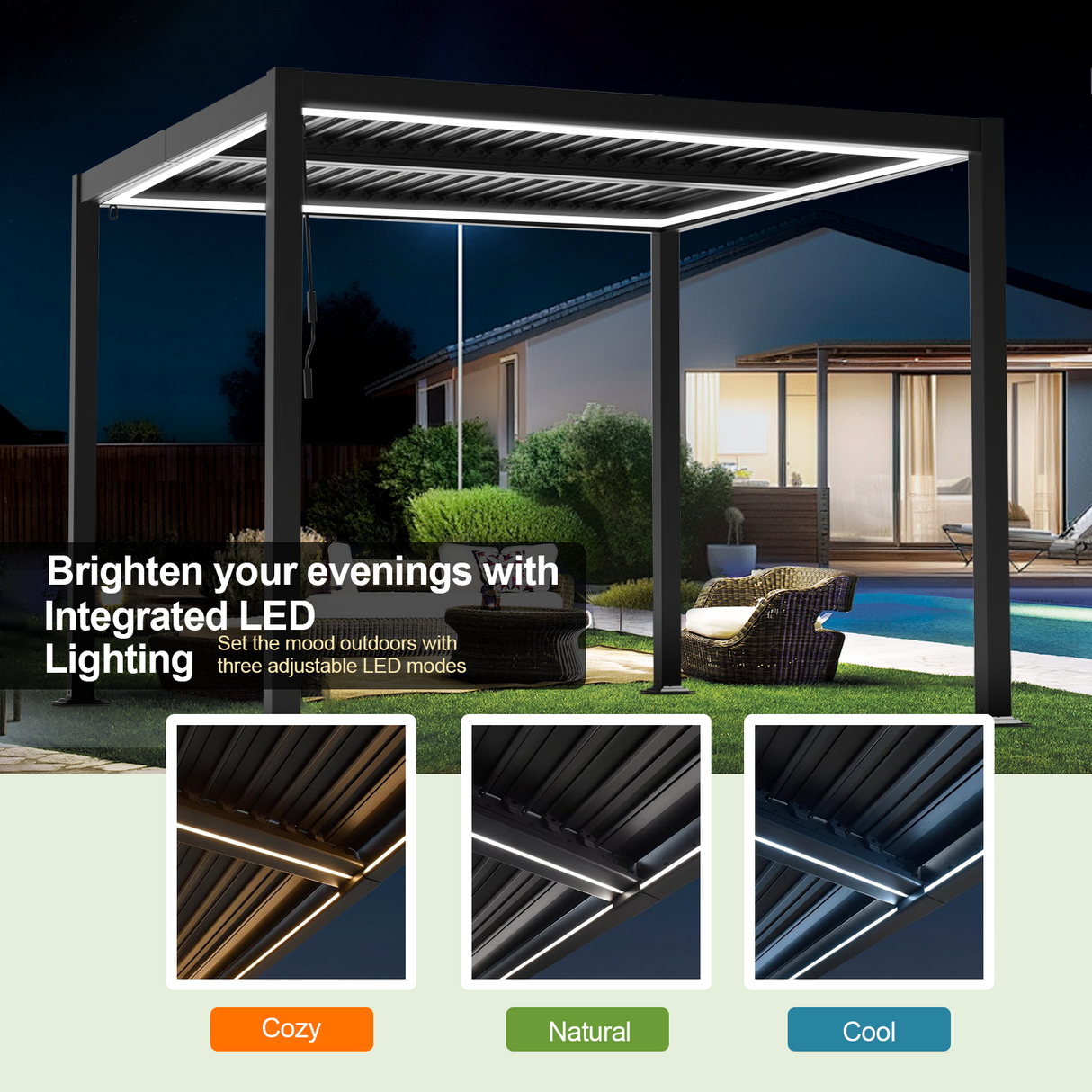 Patioslife Black Louver Pergola Built-in 3 Modes LED Lighting Night Backyard Dining Shade