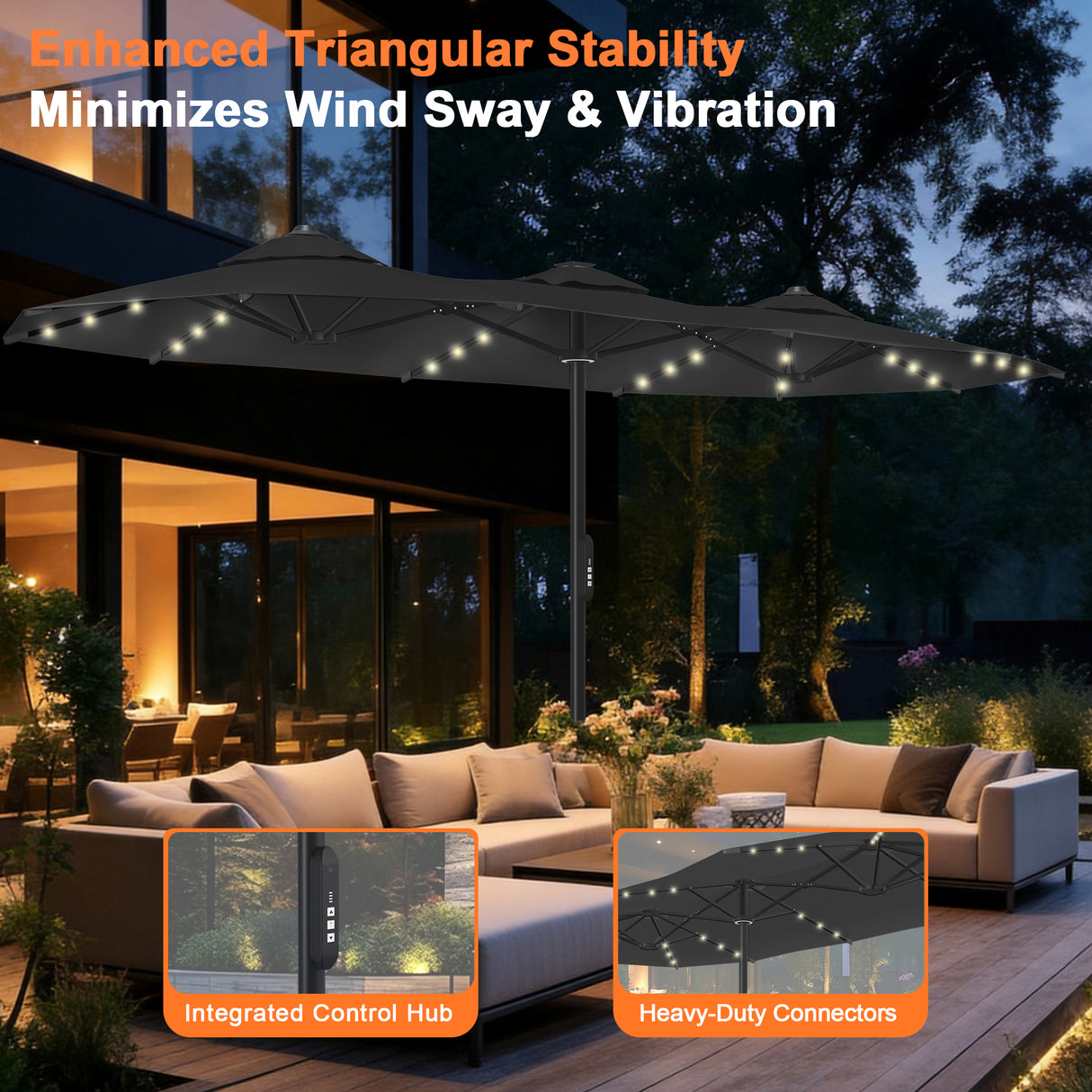 Patioslife Aegis Premium 4.6m Motorized Cantilever Patio Umbrella — Double-Sided, Remote Control, UPF 50+, Solar LED Lights & Windproof Frame