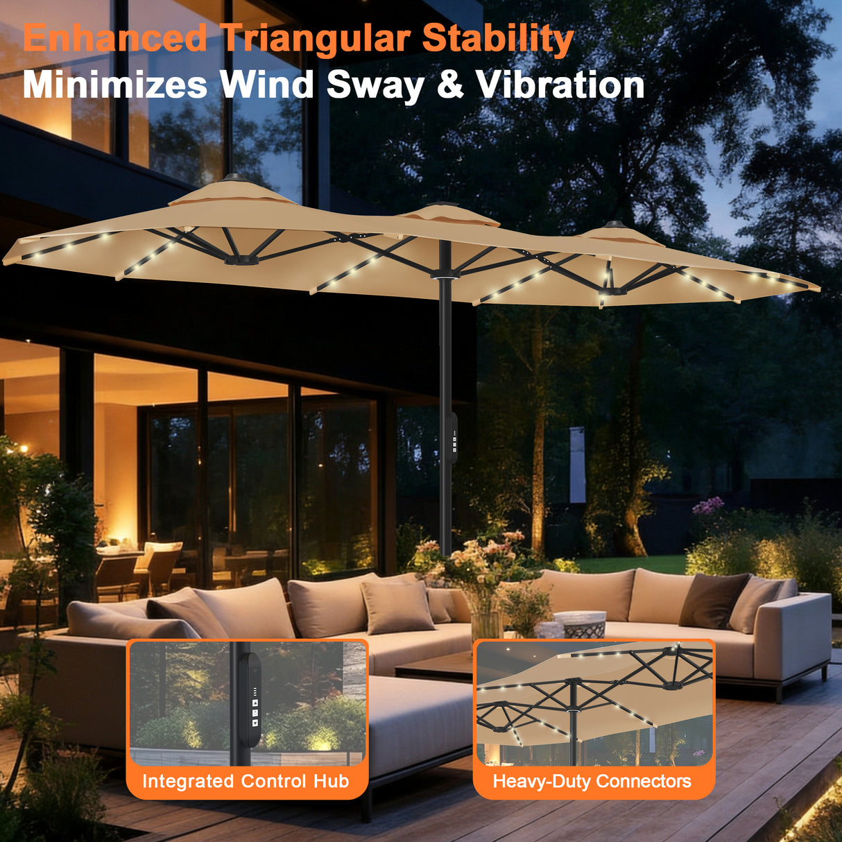Patioslife Aegis Premium Motorized Double-Sided Patio Umbrella | Remote Control,UPF 50+ Canopy , Solar LEDs & Heavy-Duty Windproof Frame