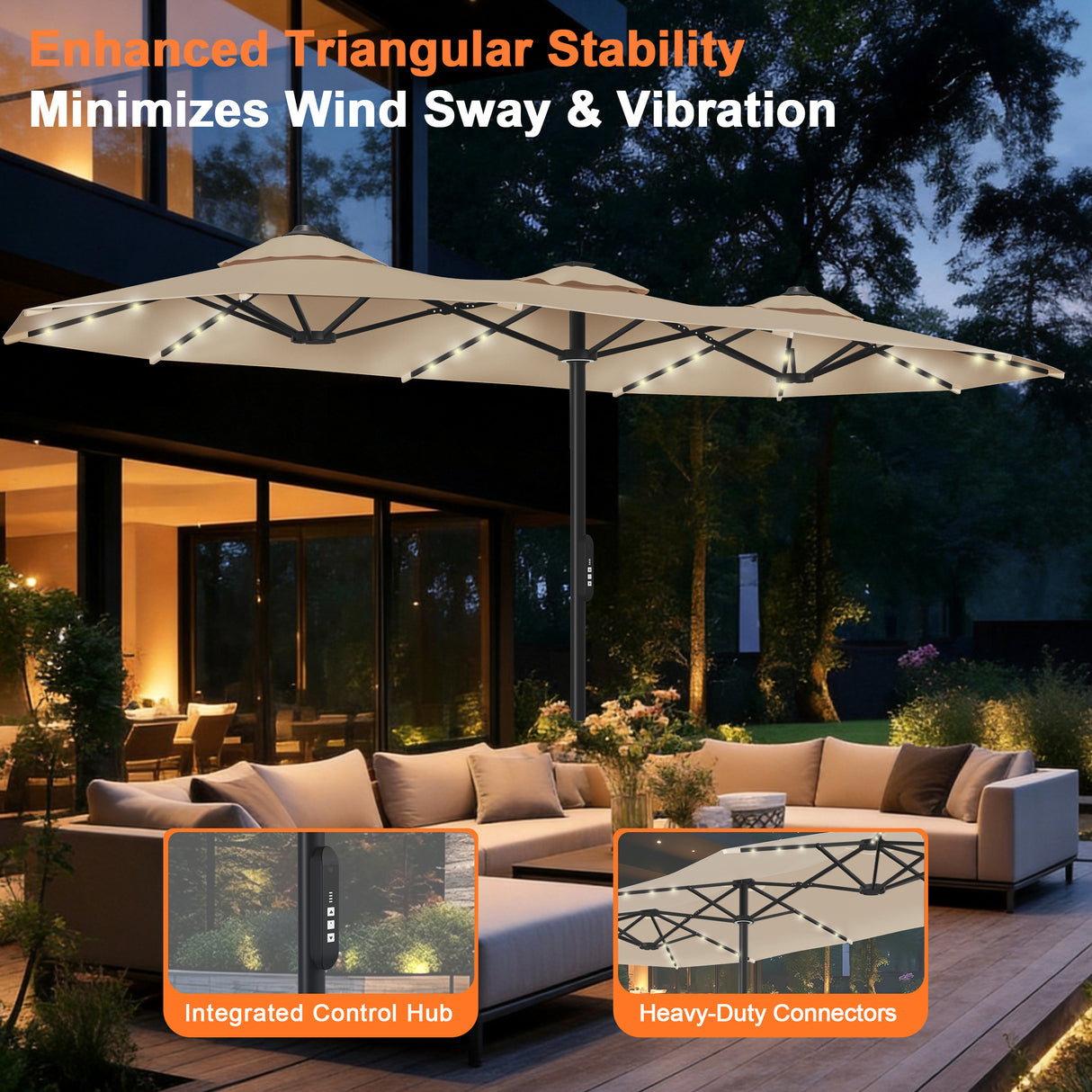 Patioslife Aegis Premium 4.6m Motorized Cantilever Patio Umbrella — Double-Sided, Remote Control, UPF 50+, Solar LED Lights & Windproof Frame