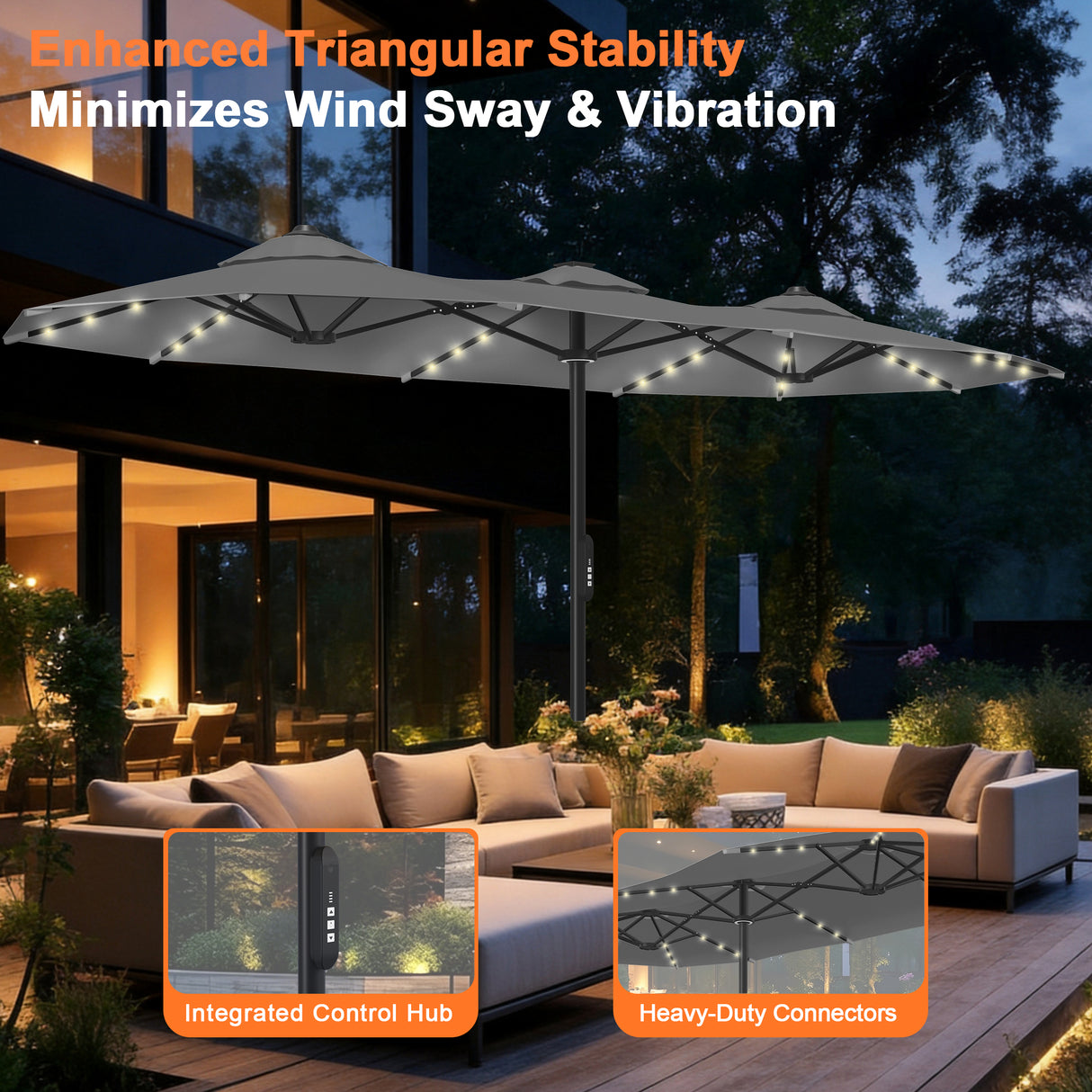 Patioslife Aegis Premium 4.6m Motorized Cantilever Patio Umbrella — Double-Sided, Remote Control, UPF 50+, Solar LED Lights & Windproof Frame