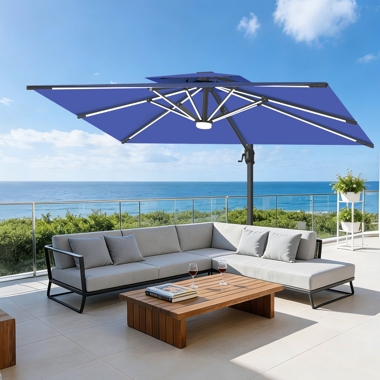 Patioslife Aegis Premium Cantilever Umbrella with Full-Rib LED Strip Lighting, Fibreglass Ribs, Powder-Coated Aluminium Pole— Luxury Garden & Patio Shade