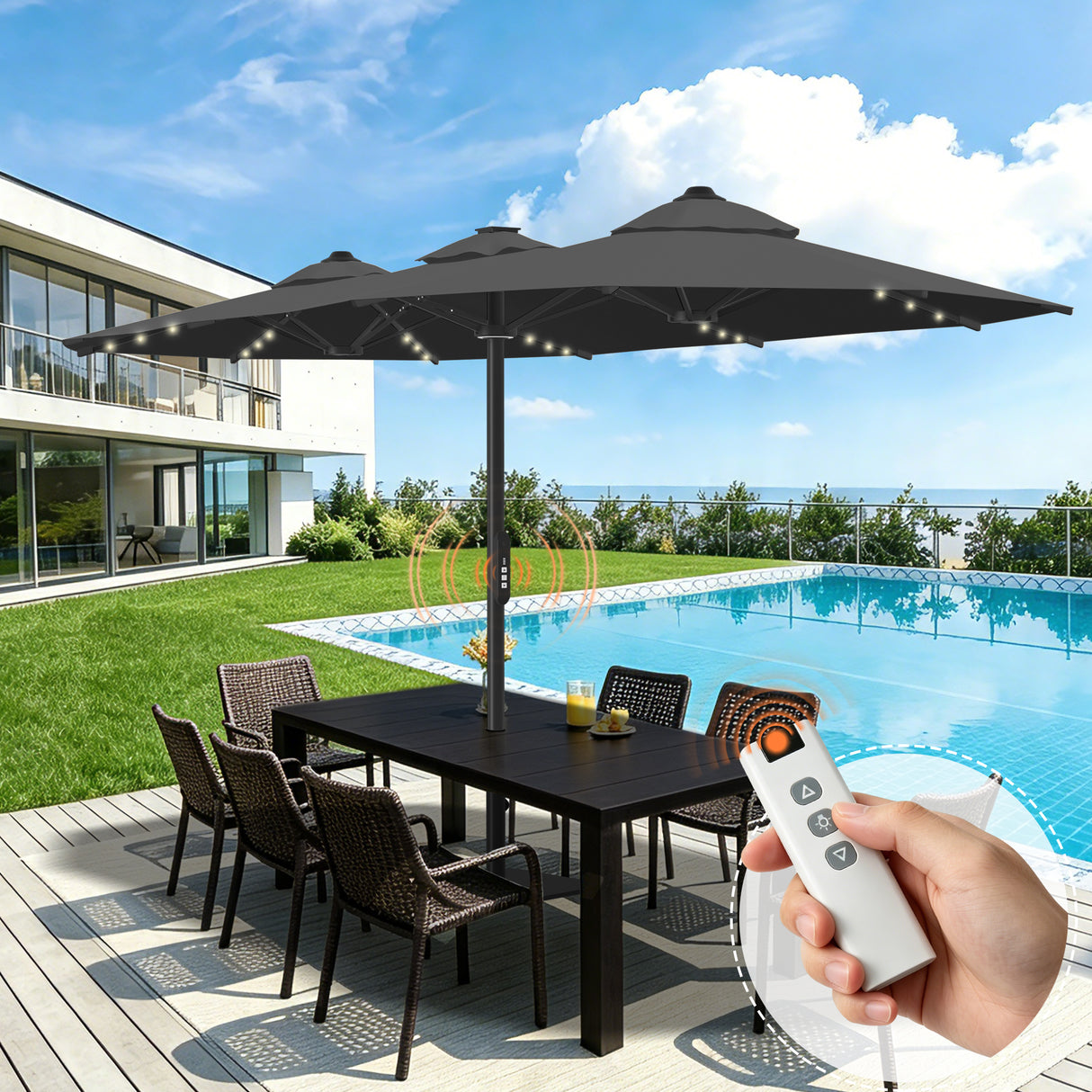 Patioslife Aegis Premium 4.6m Motorized Cantilever Patio Umbrella — Double-Sided, Remote Control, UPF 50+, Solar LED Lights & Windproof Frame