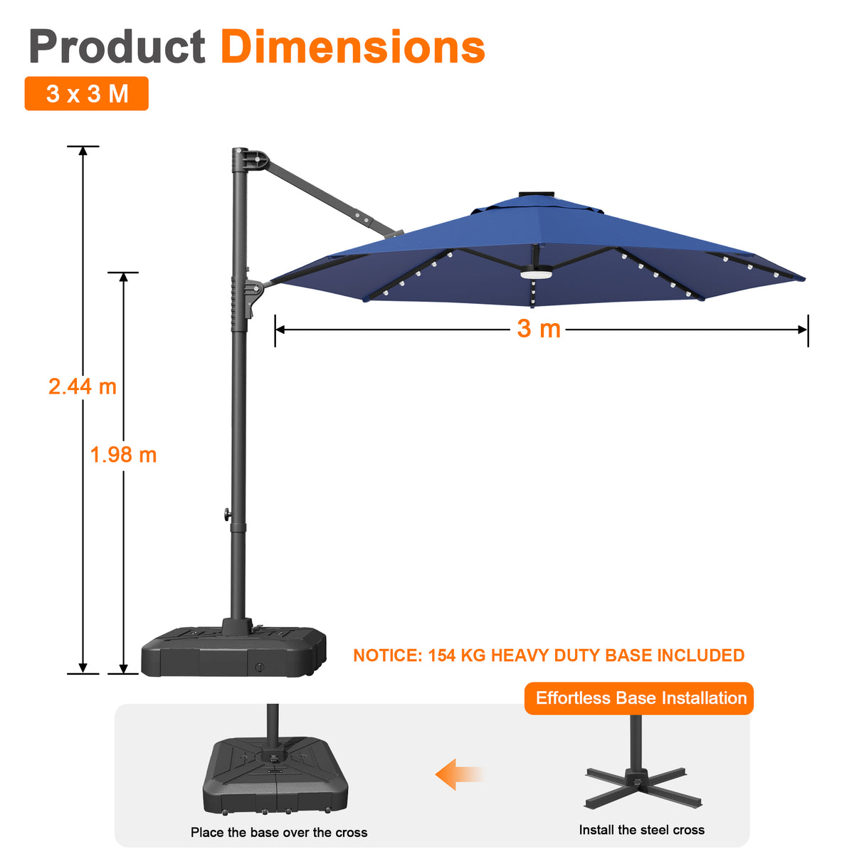 Patioslife Aegis Pro All-in-One Shade Round Cantilever Patio Umbrella with solar LED lights | Premium Cover | Large Base