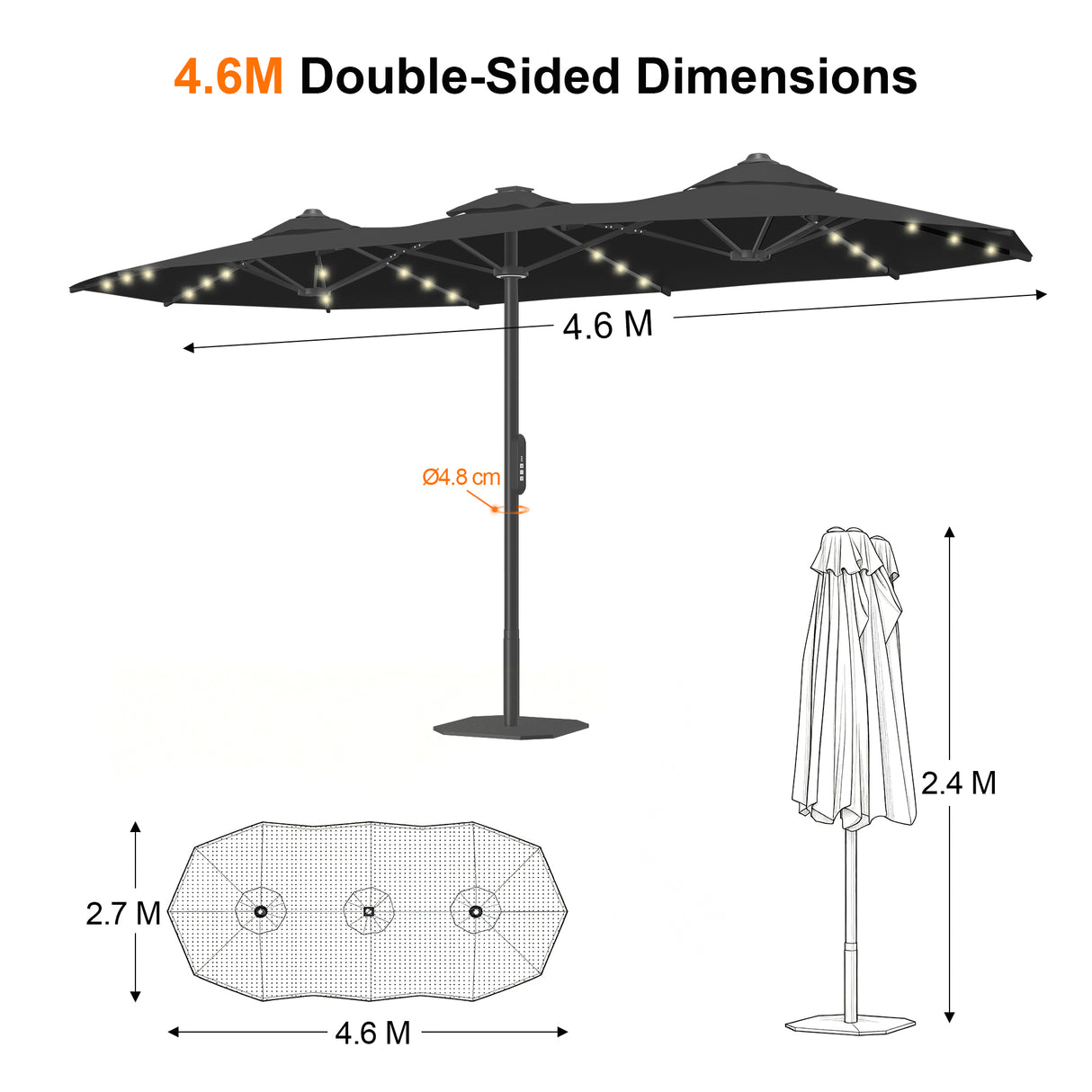 Patioslife Aegis Premium 4.6m Motorized Cantilever Patio Umbrella — Double-Sided, Remote Control, UPF 50+, Solar LED Lights & Windproof Frame