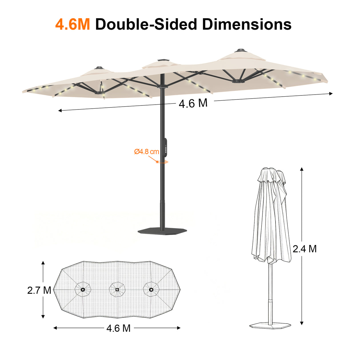 Patioslife Aegis Premium 4.6m Motorized Cantilever Patio Umbrella — Double-Sided, Remote Control, UPF 50+, Solar LED Lights & Windproof Frame