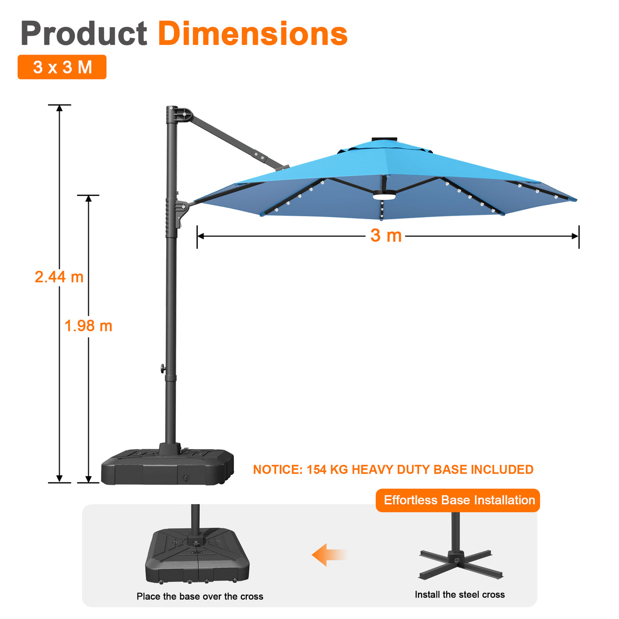 Patioslife Aegis Pro All-in-One Shade Round Cantilever Patio Umbrella with solar LED lights | Premium Cover | Large Base