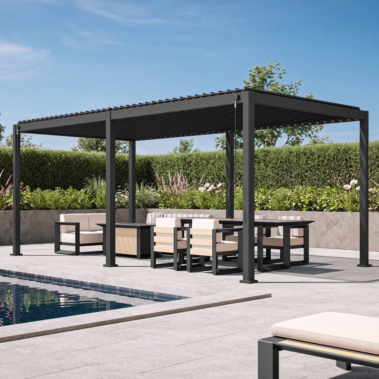 Patioslife Atlantic 3x6m luxury louvered pergola with adjustable roof and modern outdoor dining furniture beside the pool