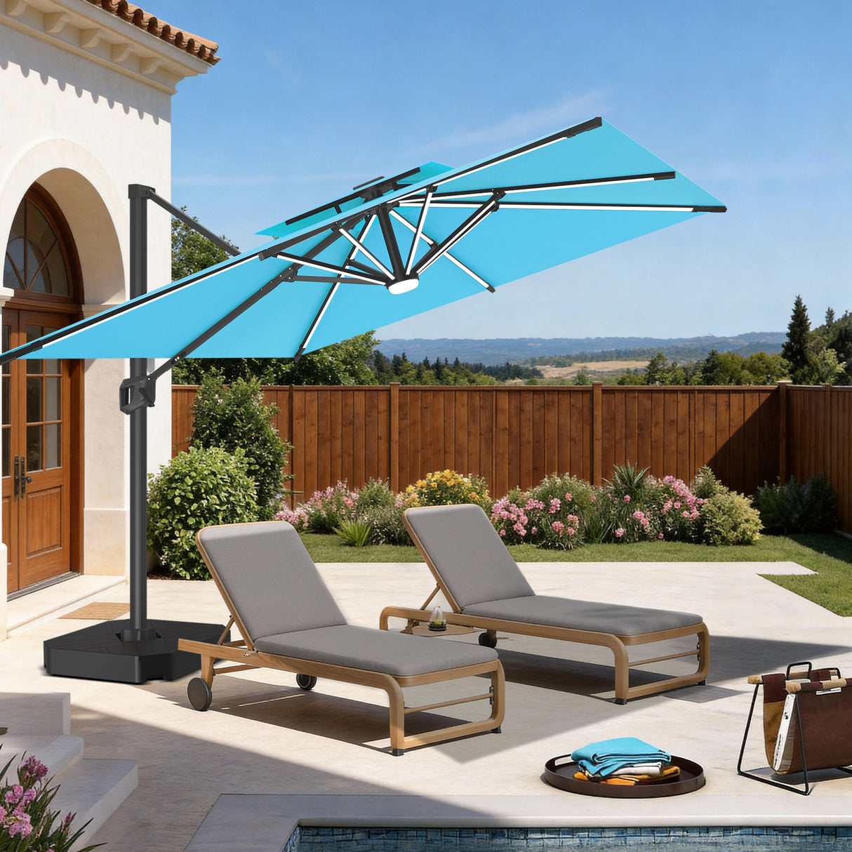 Patioslife Aegis Premium Cantilever Umbrella with Full-Rib LED Strip Lighting, Fibreglass Ribs, Powder-Coated Aluminium Pole— Luxury Garden & Patio Shade