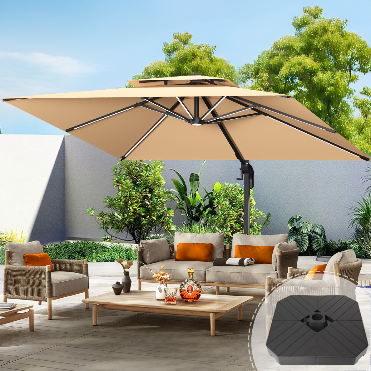 Cantilever umbrella,patioslife,Poolside,Outdoor Leisure Area,Outdoor Kitchen or Dining Area,Garden Pathway,Rooftop Terrace,Sun Shading & Light Contro,Space Definition,LED,with base