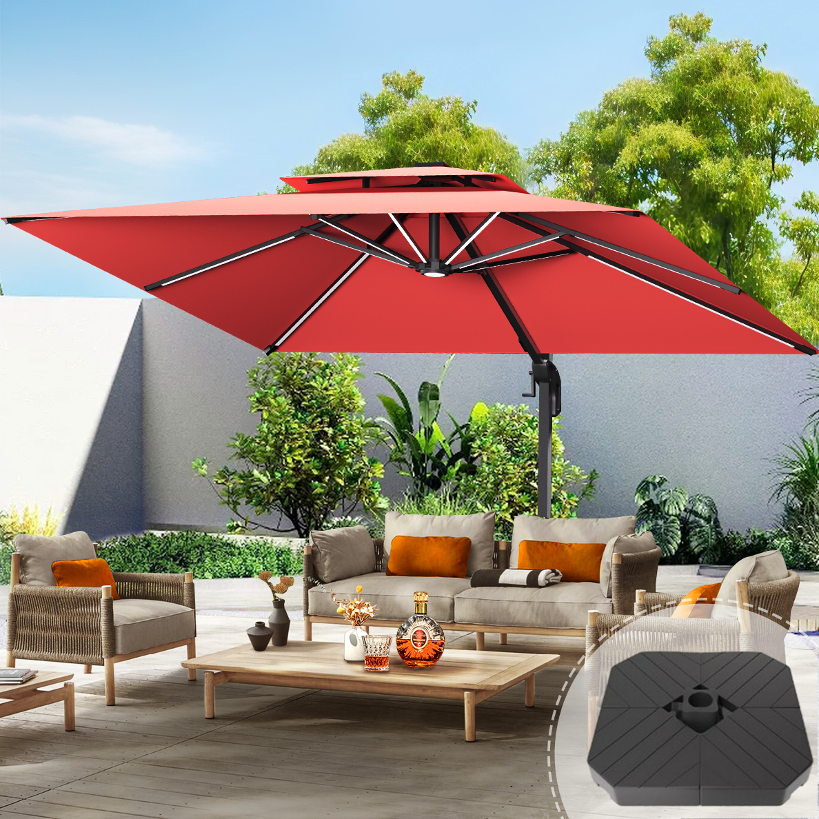 Patioslife Aegis Premium Cantilever Umbrella with LED Strip Lights, Fibreglass Ribs & Powder-Coated Aluminium Pole, Cover— Luxury Garden & Patio Shade