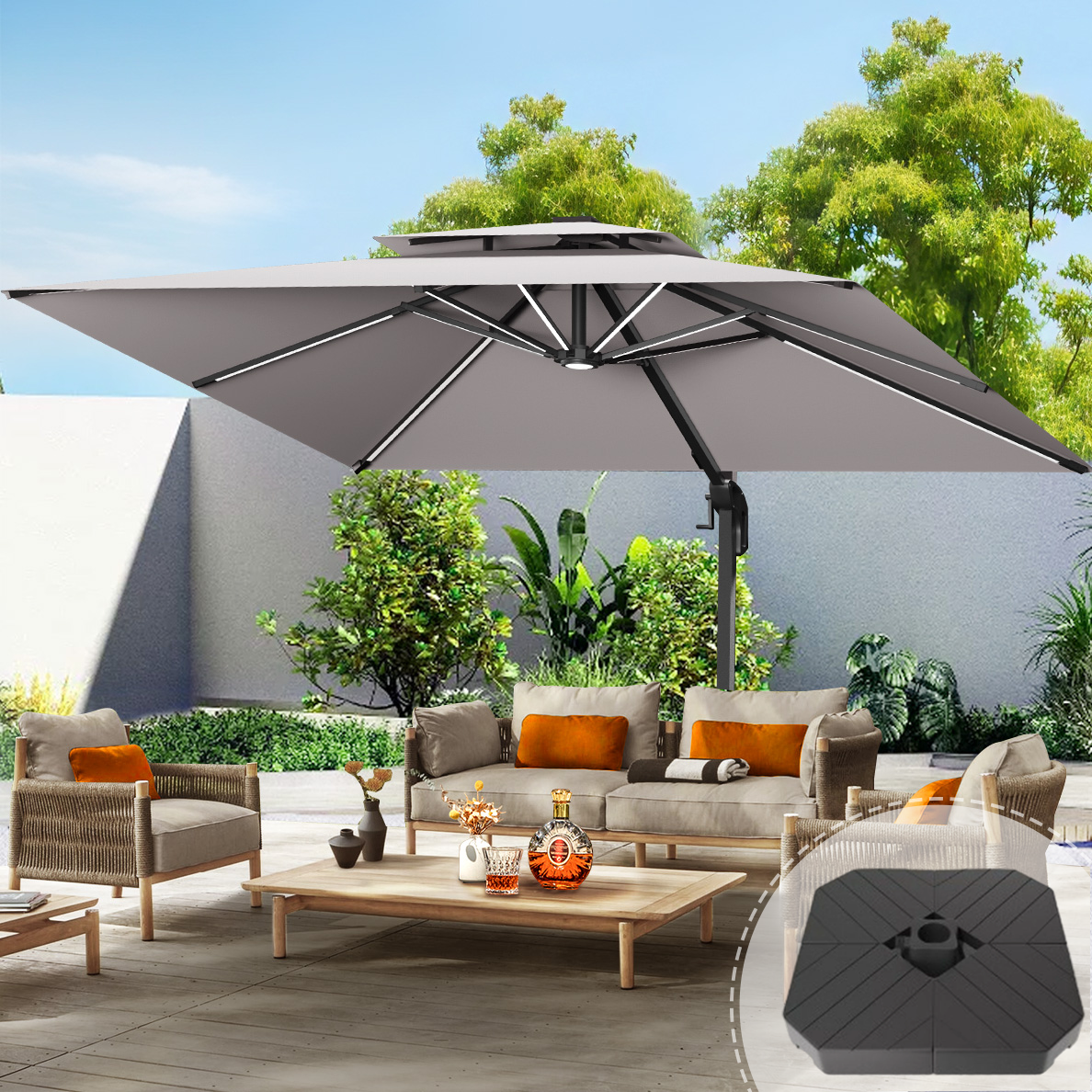 Patioslife Aegis Premium Cantilever Umbrella with LED Strip Lights, Fibreglass Ribs & Powder-Coated Aluminium Pole, Cover— Luxury Garden & Patio Shade