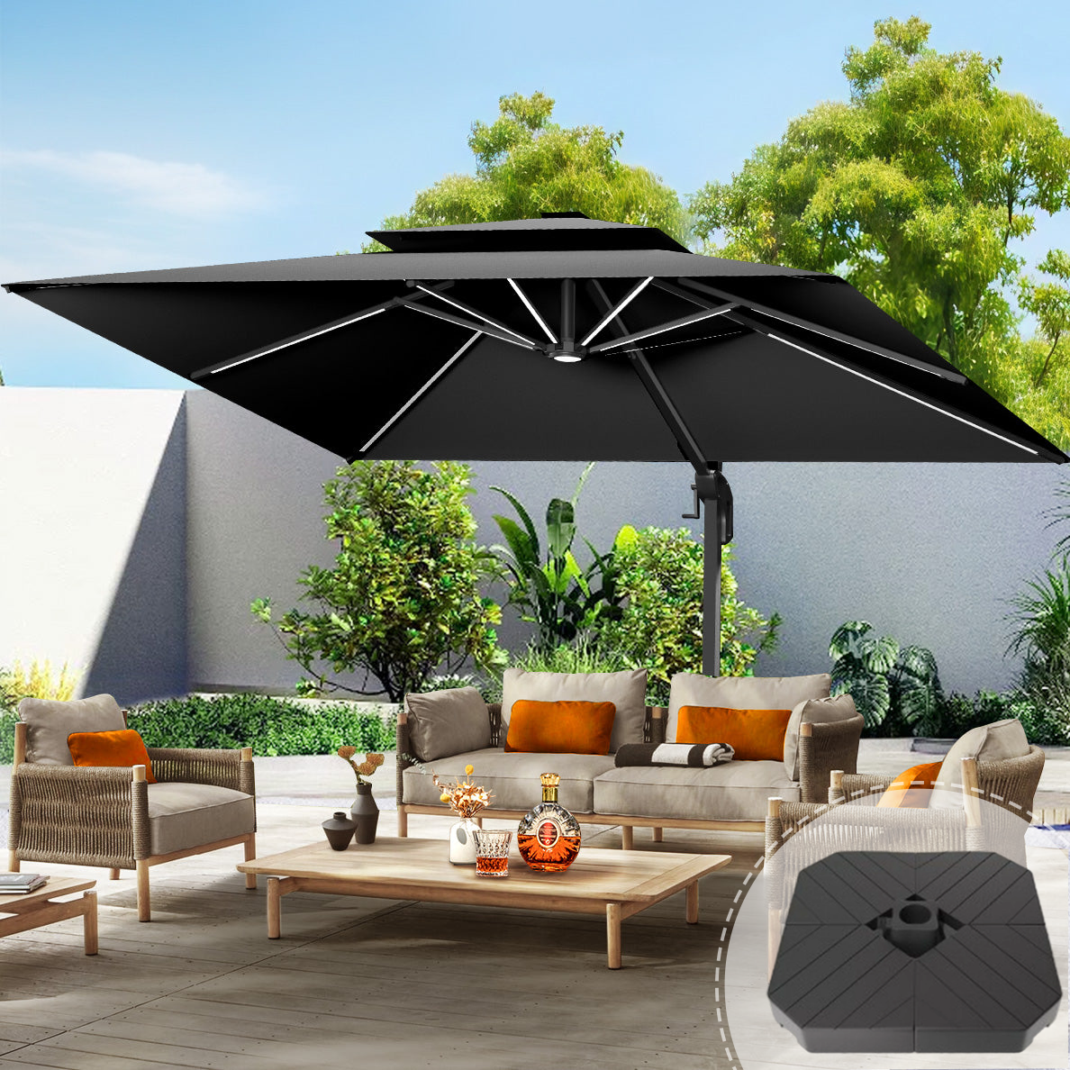 Patioslife Aegis Premium Cantilever Umbrella with LED Strip Lights, Fibreglass Ribs & Powder-Coated Aluminium Pole, Cover— Luxury Garden & Patio Shade