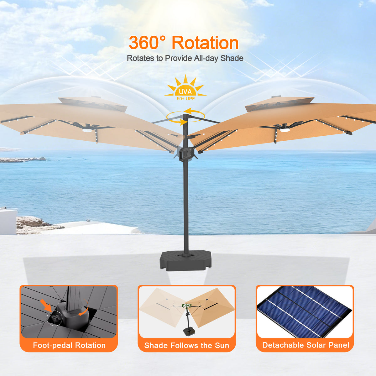 Patioslife Aegis Pro Cantilever Umbrella with LED Lights, Reinforced & Powder-Coated Aluminium Ribs and Pole — Perfect for Garden & Patio
