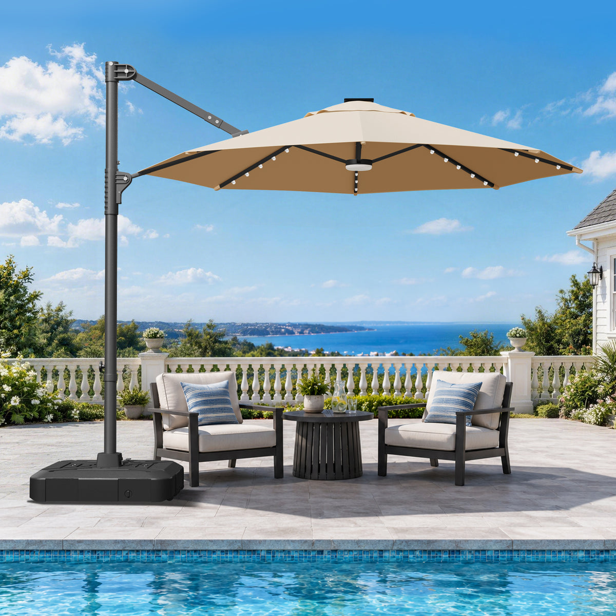 Patioslife Aegis Pro All-in-One Shade Round Cantilever Patio Umbrella with solar LED lights | Premium Cover | Large Base
