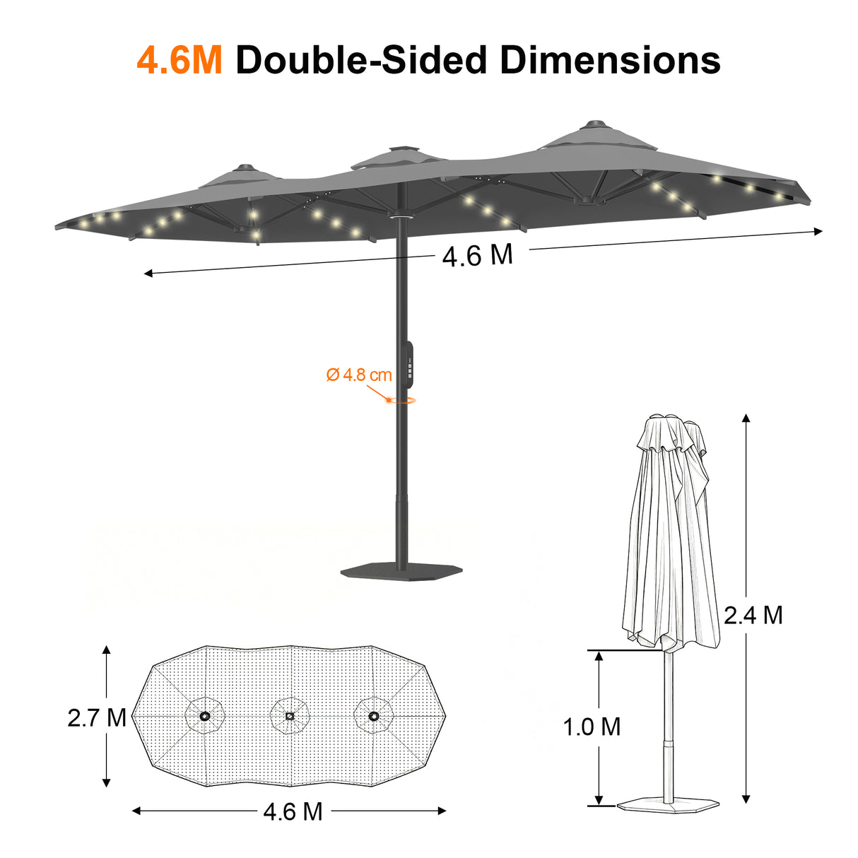 Patioslife Aegis Premium 4.6m Motorized Cantilever Patio Umbrella — Double-Sided, Remote Control, UPF 50+, Solar LED Lights & Windproof Frame