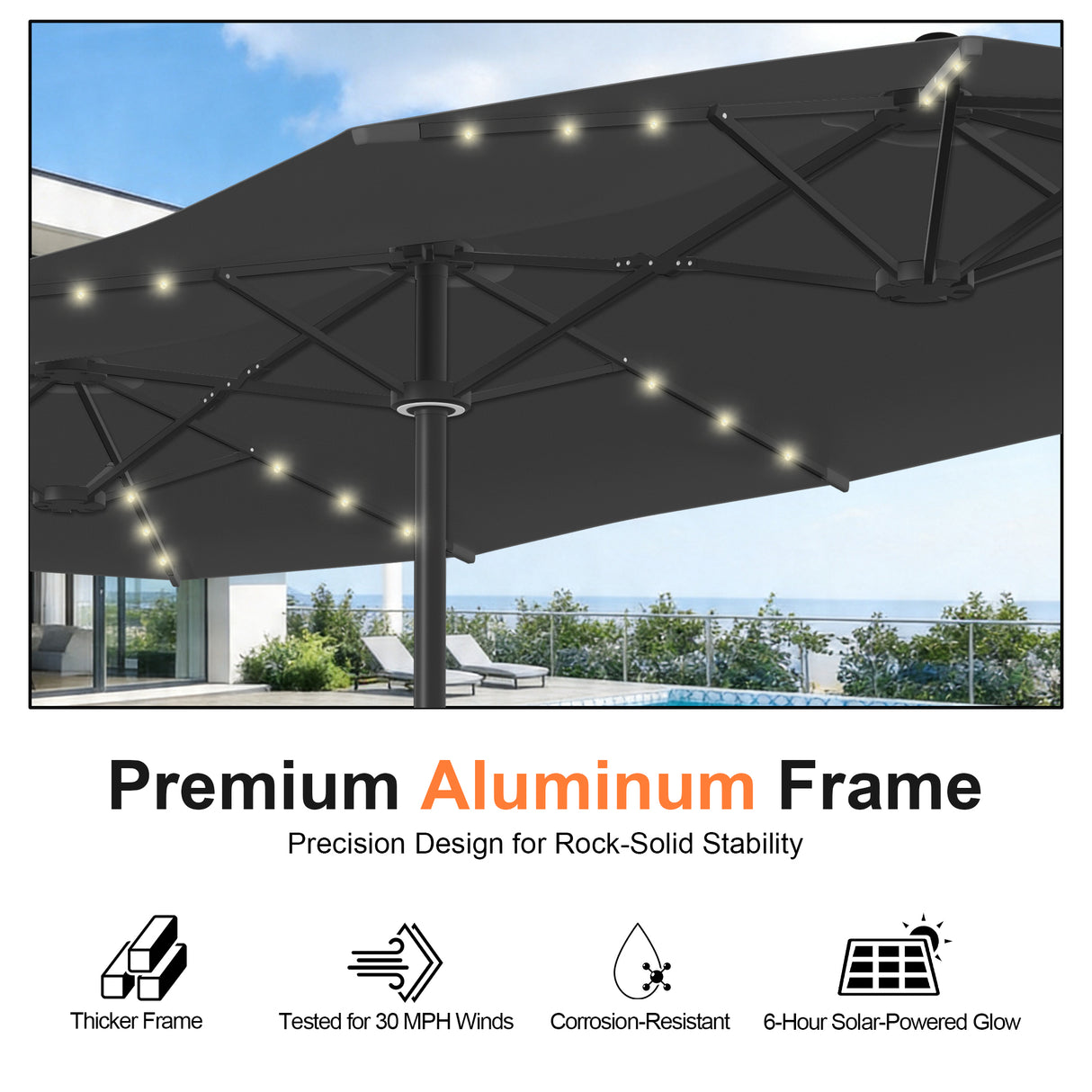Patioslife Aegis Premium 4.6m Motorized Cantilever Patio Umbrella — Double-Sided, Remote Control, UPF 50+, Solar LED Lights & Windproof Frame